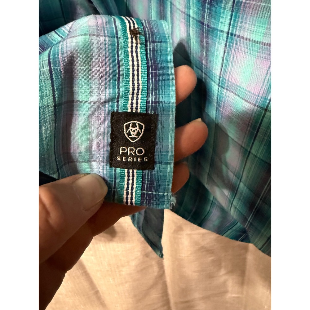 Ariat Pro Series Mens Plaid Long Sleeve Button Down Shirt Teal Blue Casual M - Picture 6 of 8